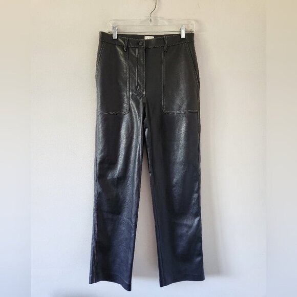 ARITZIA | Wilfred Faux Leather Pants Black Wide Leg White Stitching Sz 8 - Picture 2 of 6